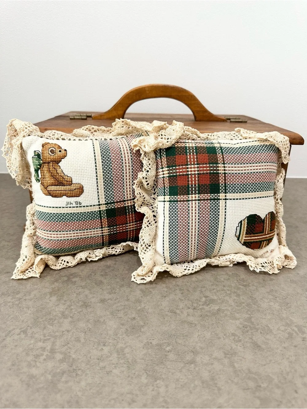 Vintage Handmade Plaid Decorative Cross Stitched Pillows Lace Trim Teddy Heart